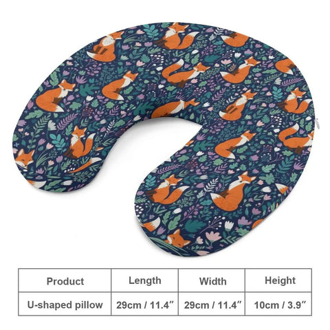 Ultimate Travel Neck Pillow With Memory Foam U Shape For Everyday Use with fox pattern and measurements shown