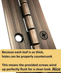 Close-up of Beefy Heavy Duty One And A Half By Seventy Two Inch Continuous Piano Hinge in Antique Bronze with screw details.