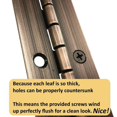 Close-up of Beefy Heavy Duty One And A Half By Seventy Two Inch Continuous Piano Hinge in Antique Bronze with screw details.