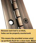 Close-up of Rock Solid 1.5 In X 48 In Continuous Piano Hinge Built Tough With.060 Thick Steel Leaf in antique bronze.