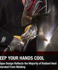 Welder using Heat Resistant Welding Gloves With Aluminized Reflective Top That Reflects 95 Percent Of Radiant Heat, black and yellow, large.
