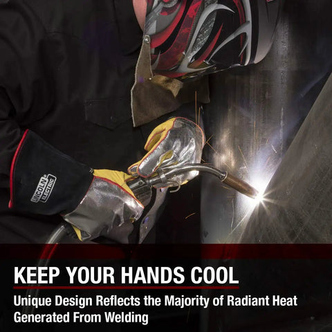Welder using Heat Resistant Welding Gloves With Aluminized Reflective Top That Reflects 95 Percent Of Radiant Heat, black and yellow, large.