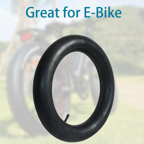 Two Pack 16x4.0 Fat Bike Inner Tubes With Schrader Valve For Snow And Sand Riding displayed with E-Bike background