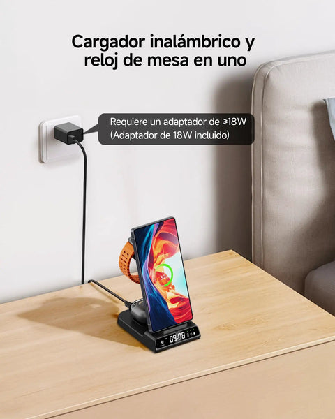3 In 1 Wireless Charging Station For Galaxy Phones Watches And Buds With Dimmable Digital Clock on wooden desk