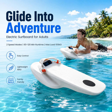 A man riding a Dope Electric Hydrofoil Surfboard for Adults Dual Speed Motorized Jetboard with ocean view.