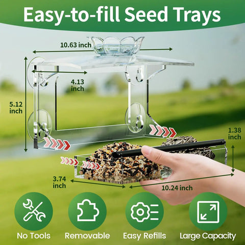 Diagram of Clear Window Bird Feeder With Strong Suction Cups And Removable Seed Tray Acrylic Transparent Bird House showing dimensions
