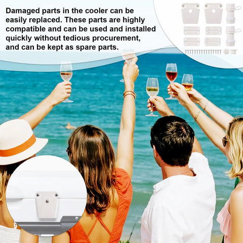 People celebrating at the beach with 26 Piece Cooler Hinge And Latch Kit Replacement Pack For Ice Chest And Freezer diagram