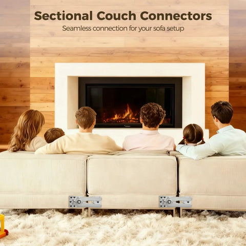 Heavy Duty Steel Sofa Connectors Pair Up With Alligator Clamps To Stabilize Sectional Couches Featuring Robust Interlocking Brackets visible on sofa backs.