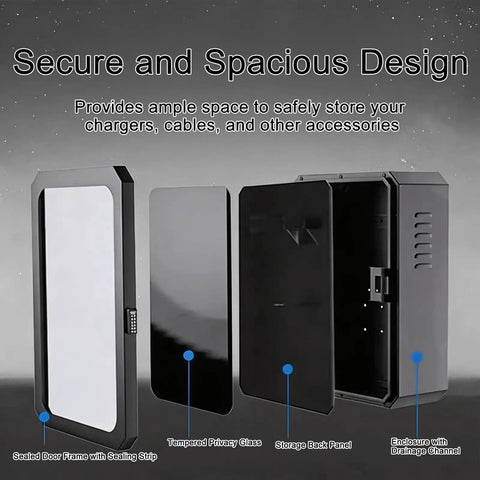 Heavy Duty Outdoor EV Charger Enclosure With Pedestal Stand Waterproof Lockable Storage Box showing secure design and storage features.