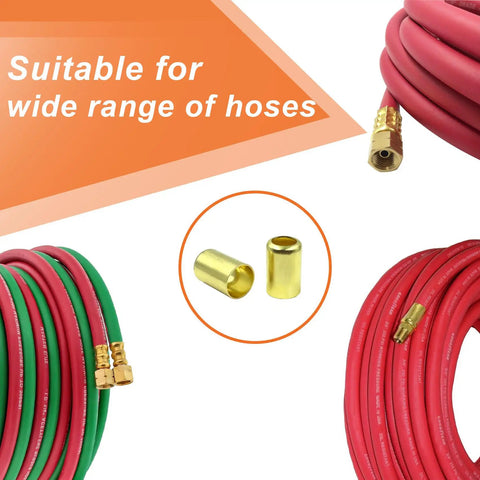 Brass Hose Ferrule Fittings 0.560 Inch ID By 1 Inch Long For Air Torch And Acetylene Hoses Repair, 50 Pack, shown with red and green hoses.
