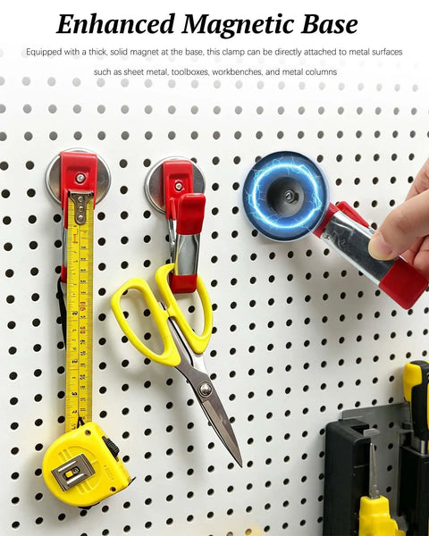 Two Pack Heavy Duty Magnetic Spring Clamps With Solid Magnet Base For Woodworking, Craft, And Workshop Use, Multi Purpose Metal Clamps, Non Slip PVC Handles, Strong Magnetic Grip, Direct Metal Surface Attachment on pegboard