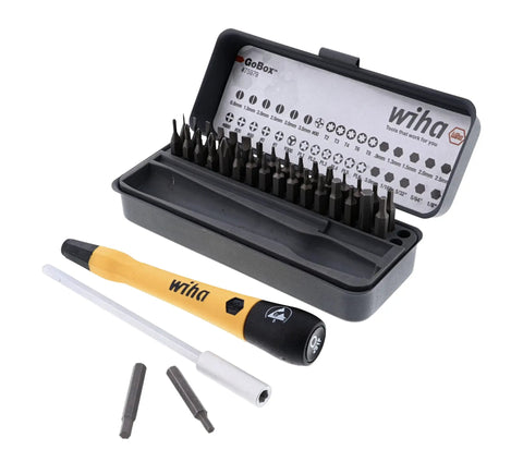 GoBox Electronics ESD Precision Micro Bit Set 36 Piece Kit With PicoFinish Handle, open case with bits and handle displayed