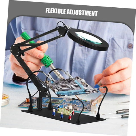 Adjustable Soldering Arm With Magnifying Glass And Lamp Clamp Handy Multi Tool For Welding electronics workstation.