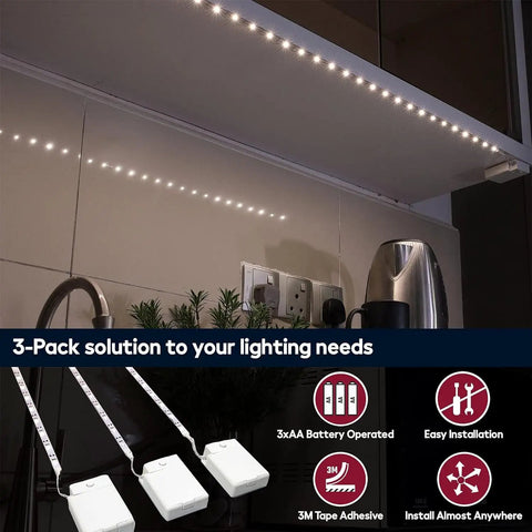 Battery Powered LED Strip Lights 40 Inch 3 Pack Wireless Under Cabinet Lighting installed under kitchen shelf