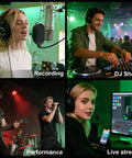 Collage of musicians using a 6 Channel Portable Mixer With 320 DSP Effects 48V Phantom Power Bluetooth Sound Card.