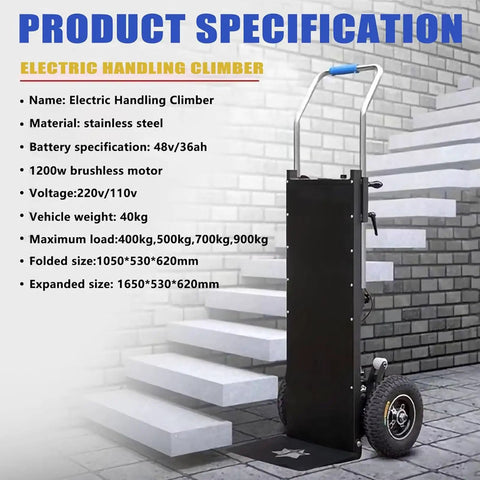 Product specification of Rock Solid 1200W Electric Stair Climber Hand Truck With Folding Frame for heavy loads on stairs.