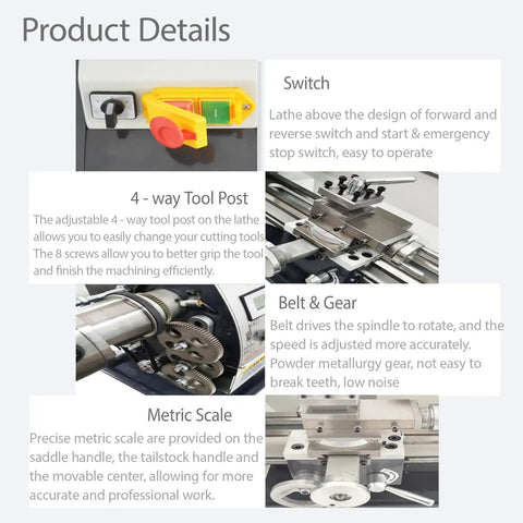 Jaryannix 8x32 Inch Mini Metal Lathe, 1100W Benchtop Machine showing control switch and 4-way tool post details.