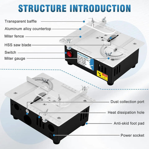 Structure of Handy Mini Table Saw S3 Portable Precision Craft Table Saw With 0 To 0.59 Inch Adjustable Cut Depth Seven Speed Power Supply