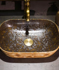 Slick Above Counter Bathroom Vessel Sink 16 Inch Rectangular Porcelain Basin With Tough Baked On Glaze And Fresh Vintage Countertop Bowl view from above showing unique colors and design.