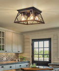 4 Light Industrial Farmhouse Flush Mount Ceiling Light Fixture With Wood Frame And Square Cage Close To Ceiling for Kitchen