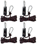 Four black and red six millimeter nylon ratchet tie down straps, each 12 feet long, with alloy gears and galvanized buckles.