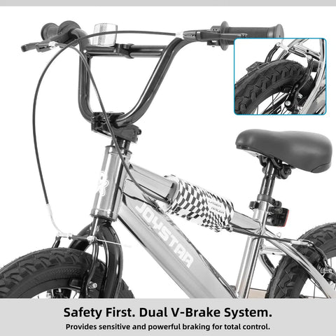 Close-up of 20 Inch Kids Bike For Boys And Girls Aged 7 To 10 With High Carbon Steel Frame BMX Style, showing V-brake and handlebars.