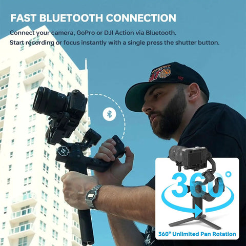 Man using Scorp Mini 3 Pro Camera Gimbal With AI Tracker And Detachable Remote Handle All In One Stabilizer for smooth filming.