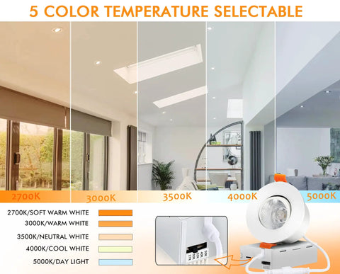 3 Inch 5CCT LED Eyeball Recessed Light Kit Dimmable Swivel Downlight With 2700K To 5000K Color Temp 8W Airtight ETL FCC Approved