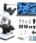 40X-5000X Compound Trinocular Microscope With 5MP Camera Abbe Condenser 30 Slides And Wireless Imaging For USB Display Awesome For School Lab Home Education And Adult Enthusiasts shown with accessories and laptop imaging display