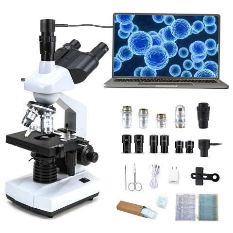 40X-5000X Compound Trinocular Microscope With 5MP Camera Abbe Condenser 30 Slides And Wireless Imaging For USB Display Awesome For School Lab Home Education And Adult Enthusiasts shown with accessories and laptop imaging display