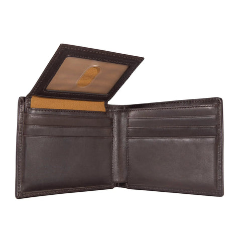 Premium Full Grain Leather Men Passcase Wallet With A Rich Oil Tan Shell And Soft Cotton Duck Lining Crafted For Hardcore Daily Grinds And Completely Reliable Carry, interior view with card slots and ID window.
