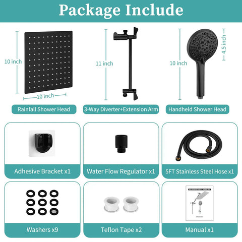 Package contents of High Pressure Rain Shower Head With Handheld Spray, 10 Inch Shower Head With 11 Inch Extension Arm, 9 Settings Handheld