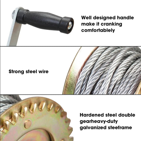 Beefy Hand Crank Boat Winch With 26.3 Ft Cable 600 Lb Capacity Portable Heavy Duty Carbon Steel Zinc Plated Rust Resistant And Weatherproof Compact 8.6 X 8.6 X 6.5 Inch Hoist Winch For Small Boats, steel wire and handle