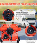 On Demand 110V Water Pressure Pump 5.5 GPM 70 PSI Self Priming Diaphragm Pump in front of RV with pressure and bypass switch details