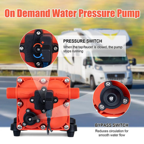 On Demand 110V Water Pressure Pump 5.5 GPM 70 PSI Self Priming Diaphragm Pump in front of RV with pressure and bypass switch details