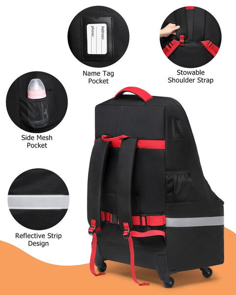 MCBD black car seat travel bag with wheels; backpack, red straps, reflective strip, name tag pocket, mesh pocket.