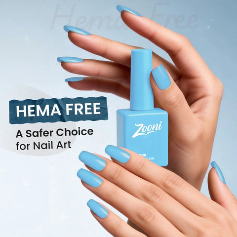 Hema Free Gel Nail Polish Baby Blue With Matching Bottle And Color Coordinated Shade One Bottle UV Gel Polish Kit in hand