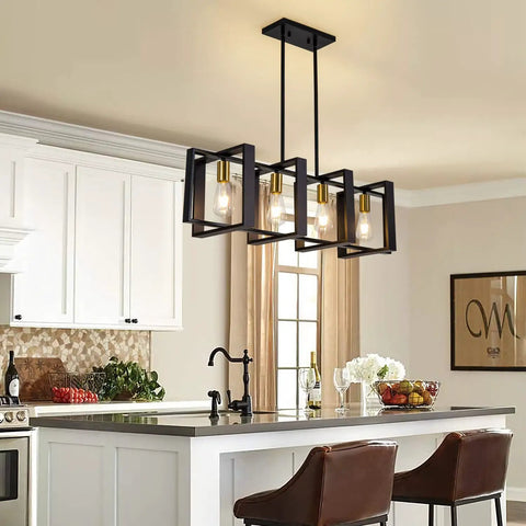 Farmhouse Kitchen Island Lighting Black Chandelier Set With Wooden Rectangular Frame Ideal For Dining Room Ceiling Hanging Industrial Four Light Pendant Fixtures Over Table In Rustic Modern Style