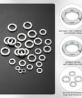 Galvanized Spring Lock Washers Kit M3 Through M30 High Carbon Steel Auto Repair Fasteners on black background