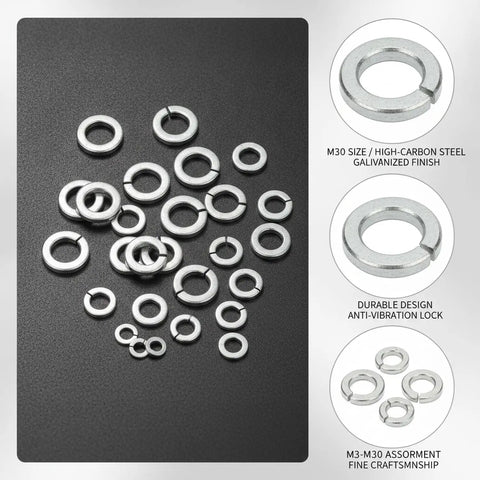 Galvanized Spring Lock Washers Kit M3 Through M30 High Carbon Steel Auto Repair Fasteners on black background