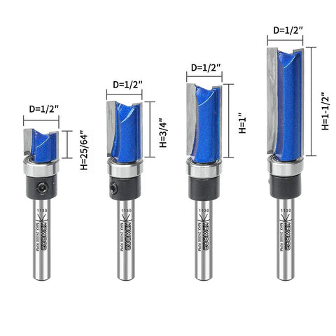 Pro Grade Pattern Flush Trim Router Bits Set With One Quarter Inch Shank And C3 Carbide Bottom Bearing For Woodworking, Includes 25/64, 3/4, 1 And 1-1/2 Inch Cutting Lengths