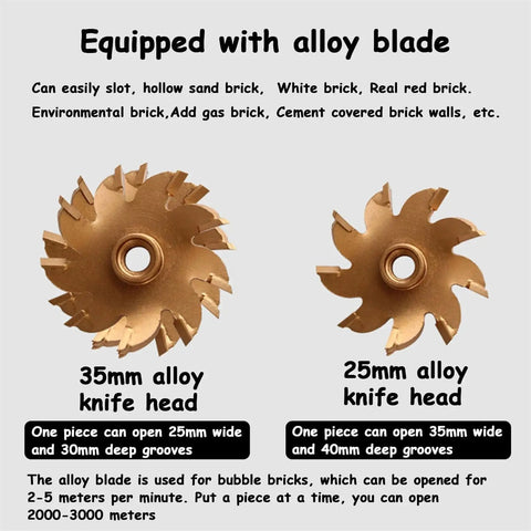 Pro Grade Heavy Duty Electric Wall Chaser For Concrete Walls 1100W 1600RPM with alloy knife heads, 25mm and 35mm sizes displayed