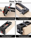 Pro Grade 2-In-1 Doweling Jig Kit for woodworking in use on wood, aluminum body, self-centering drill guide with drill bit.