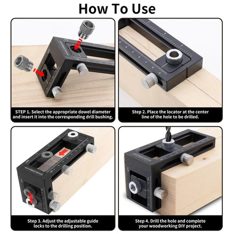 Pro Grade 2-In-1 Doweling Jig Kit for woodworking in use on wood, aluminum body, self-centering drill guide with drill bit.