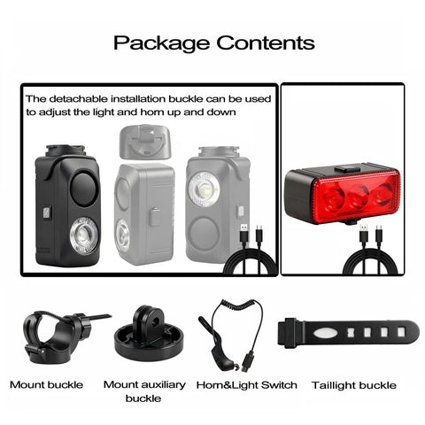 All In One Bike Light Set With 130dB Horn USB C Rechargeable Front Headlight And Red Taillight IPX5 Waterproof For Mountain Road Electric Bikes And Scooters Great For Adults And Kids