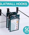 Built Tough Heavy Duty Slatwall Hooks Pack Of 50, 8 Inch Black Slatwall Accessories holding items on display