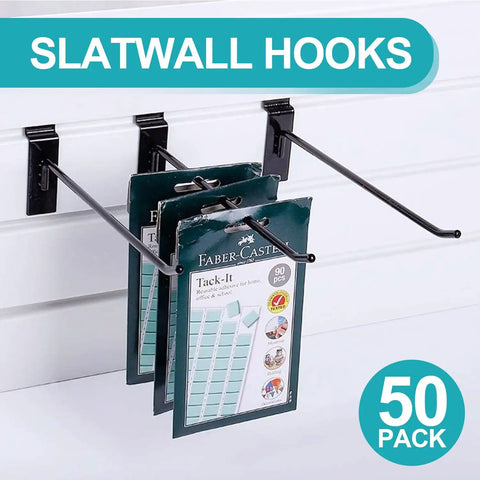 Built Tough Heavy Duty Slatwall Hooks Pack Of 50, 8 Inch Black Slatwall Accessories holding items on display