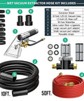 Extractor Kit For Wet Vacuum With 50 Foot Water Line Includes Transparent Dust Removal Head 10 Foot Ribbed Vacuum Hose Two Adapters High Efficiency Water Filter Converts Any Vacuum Into A Do It All Pro Auto Carpet Cleaner For Home Car Upholstery Textiles shown with clear head, hoses, and accessories.