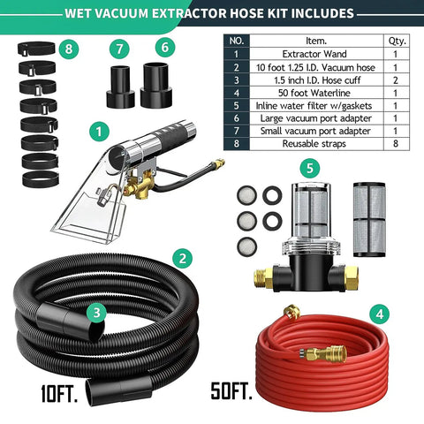 Extractor Kit For Wet Vacuum With 50 Foot Water Line Includes Transparent Dust Removal Head 10 Foot Ribbed Vacuum Hose Two Adapters High Efficiency Water Filter Converts Any Vacuum Into A Do It All Pro Auto Carpet Cleaner For Home Car Upholstery Textiles shown with clear head, hoses, and accessories.