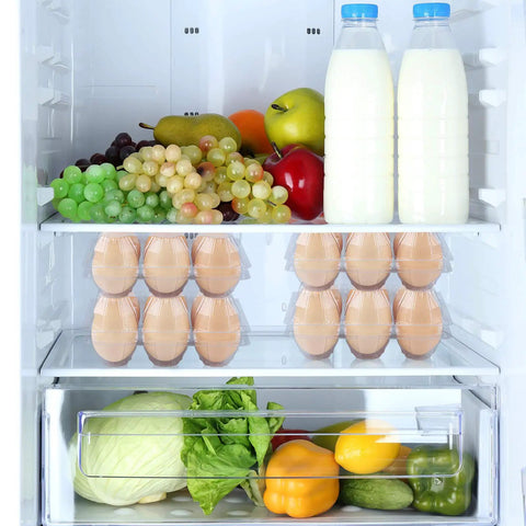 24 Pack Clear Plastic Egg Cartons With 6 Egg Capacity Per Tray inside fridge with fruits, vegetables, and milk bottles